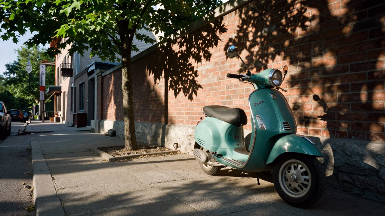 Montreal Late Morning Street Scene with Vintage Vespa and Cobblestone Lane in in Montreal, Quebec, Canada