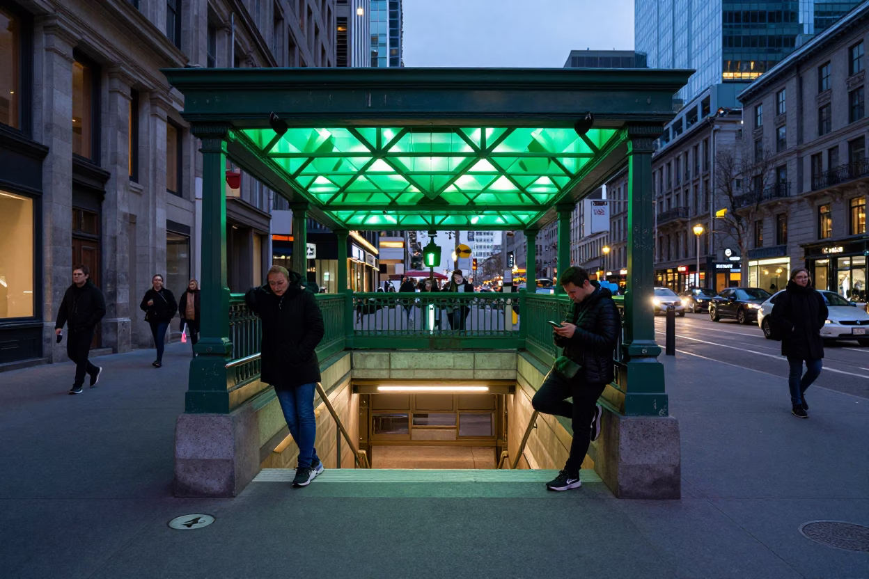 Montreal Metro Entrance at Dusk with Commuters and Street Vendor in in Montreal, Quebec, Canada