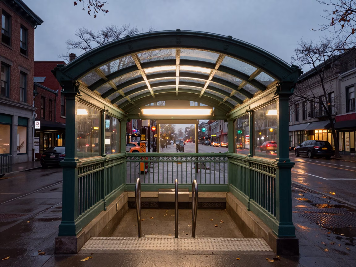 Montreal Metro Entrance in Copper Dusk with Wet Leaves and Commuter Towel in in Montreal, Quebec, Canada