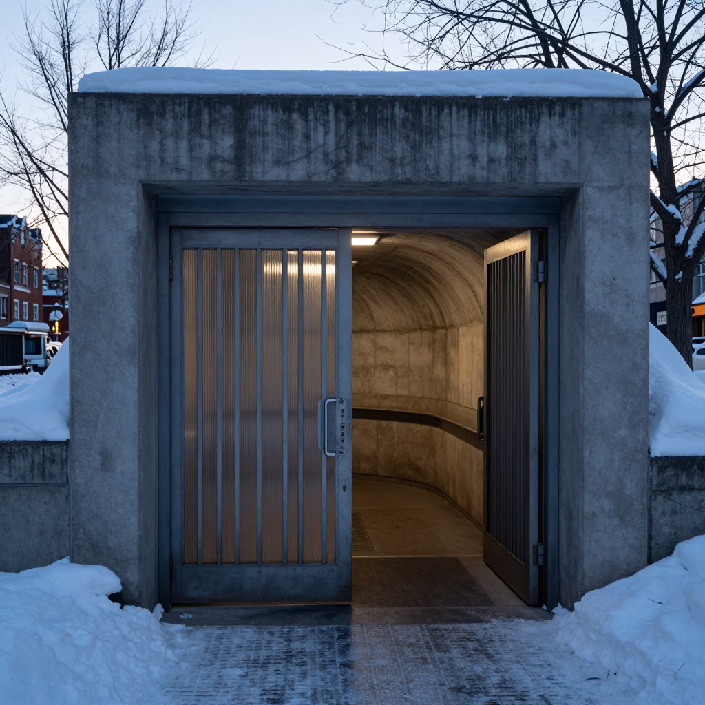 Montreal Metro Entrance Tunnel Portal Framed by Snow and Sodium Lamps Before Sunrise in in Montreal, Quebec, Canada