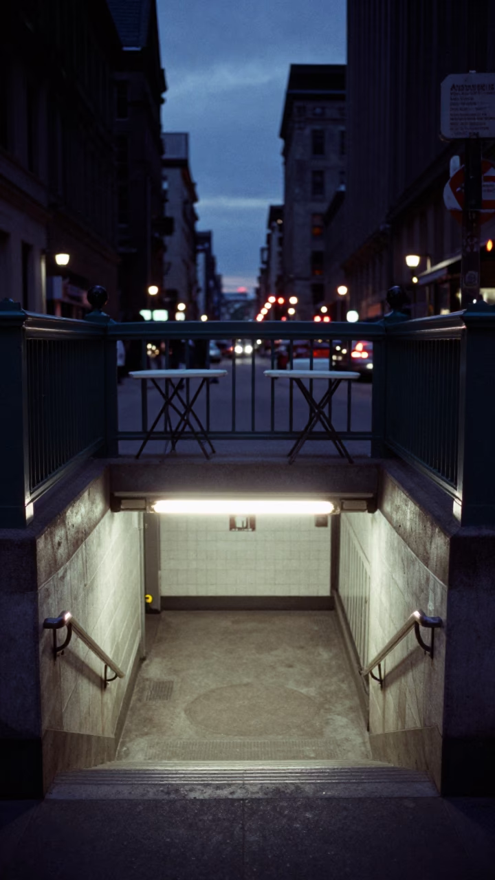 Montreal Metro Station Entrance at Predawn with Folding Tables and Clipboard in in Montreal, Quebec, Canada
