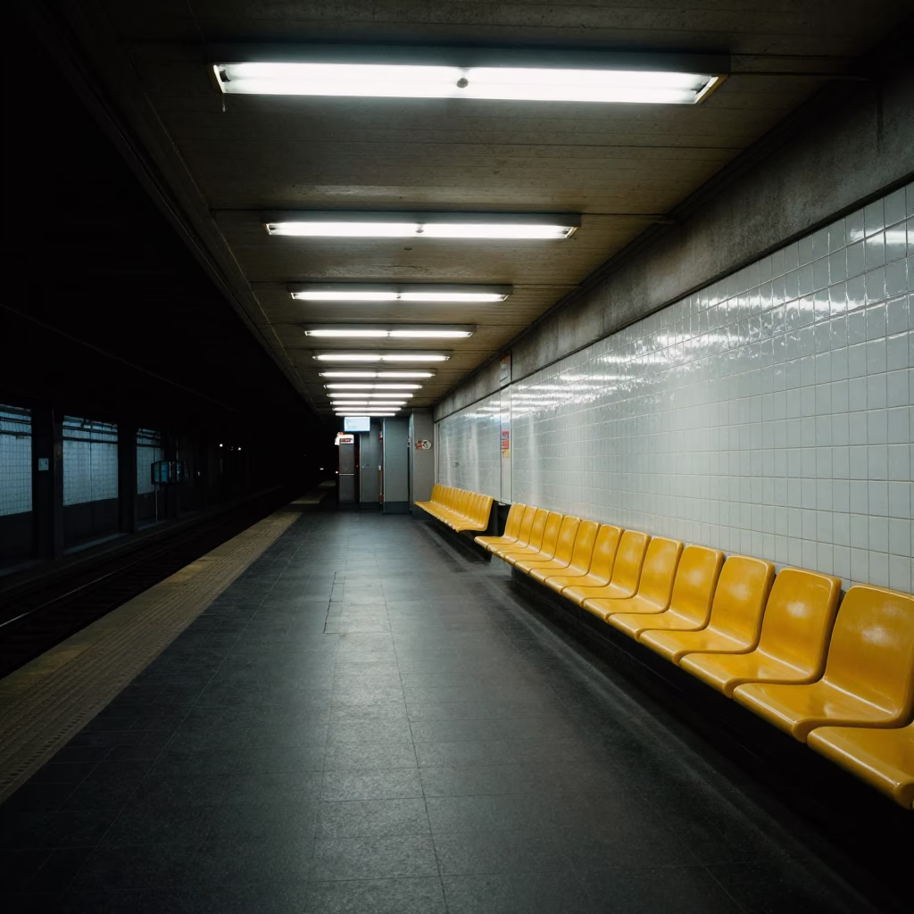 Montreal Metro Station Interior at Predawn with Yellow Seats and Digital Displays in in Montreal, Quebec, Canada