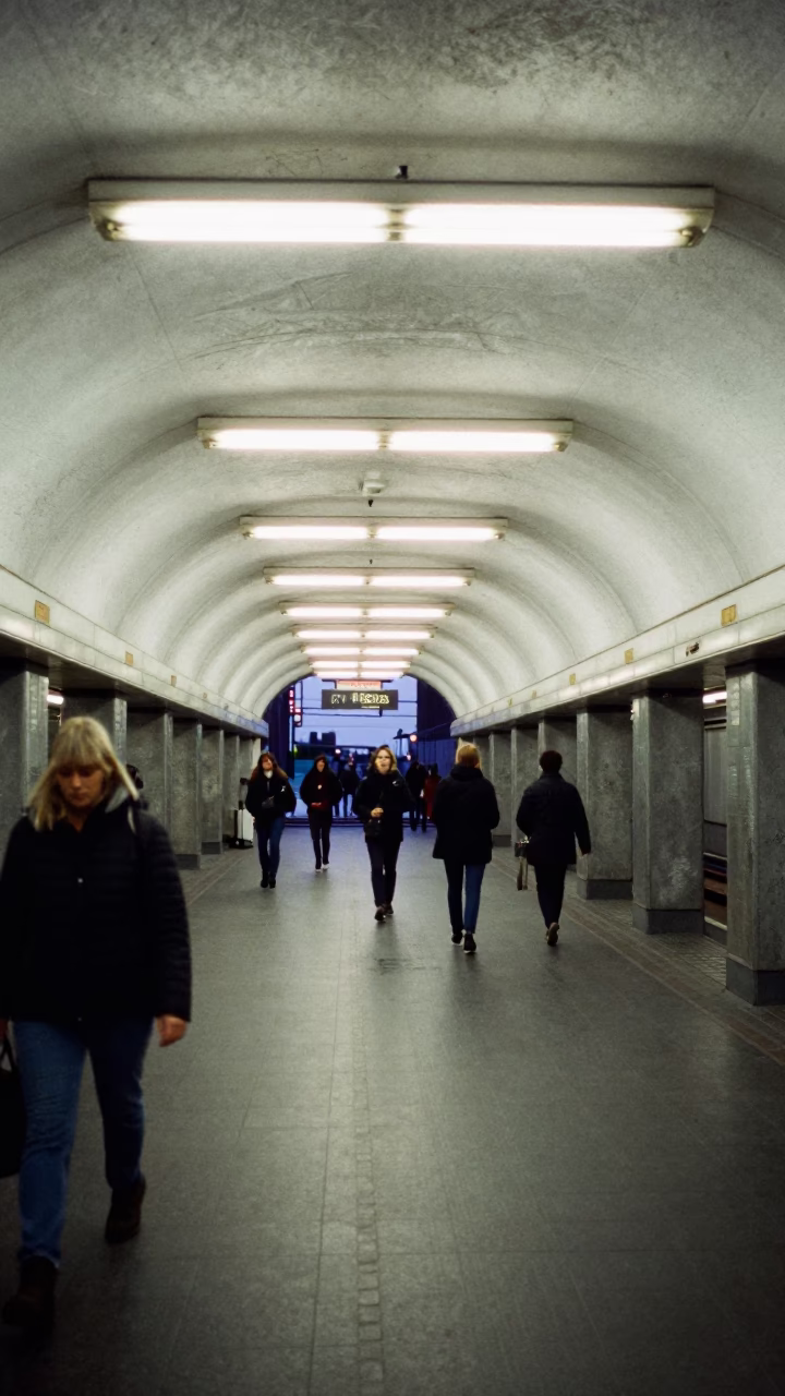 Montreal Metro Station Interior Before Dawn With Commuters and Vintage Signage in in Montreal, Quebec, Canada
