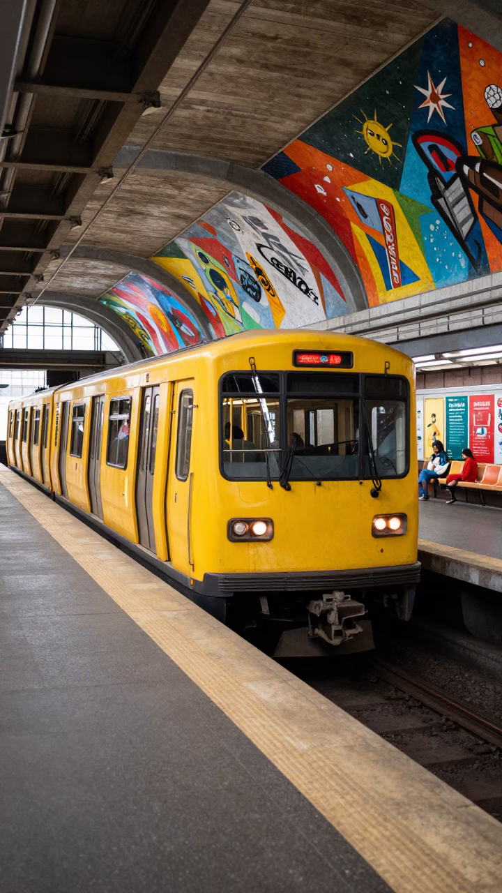 Montreal Metro Train Arriving at Art Adorned Station During Busy Midday Commute in in Montreal, Quebec, Canada