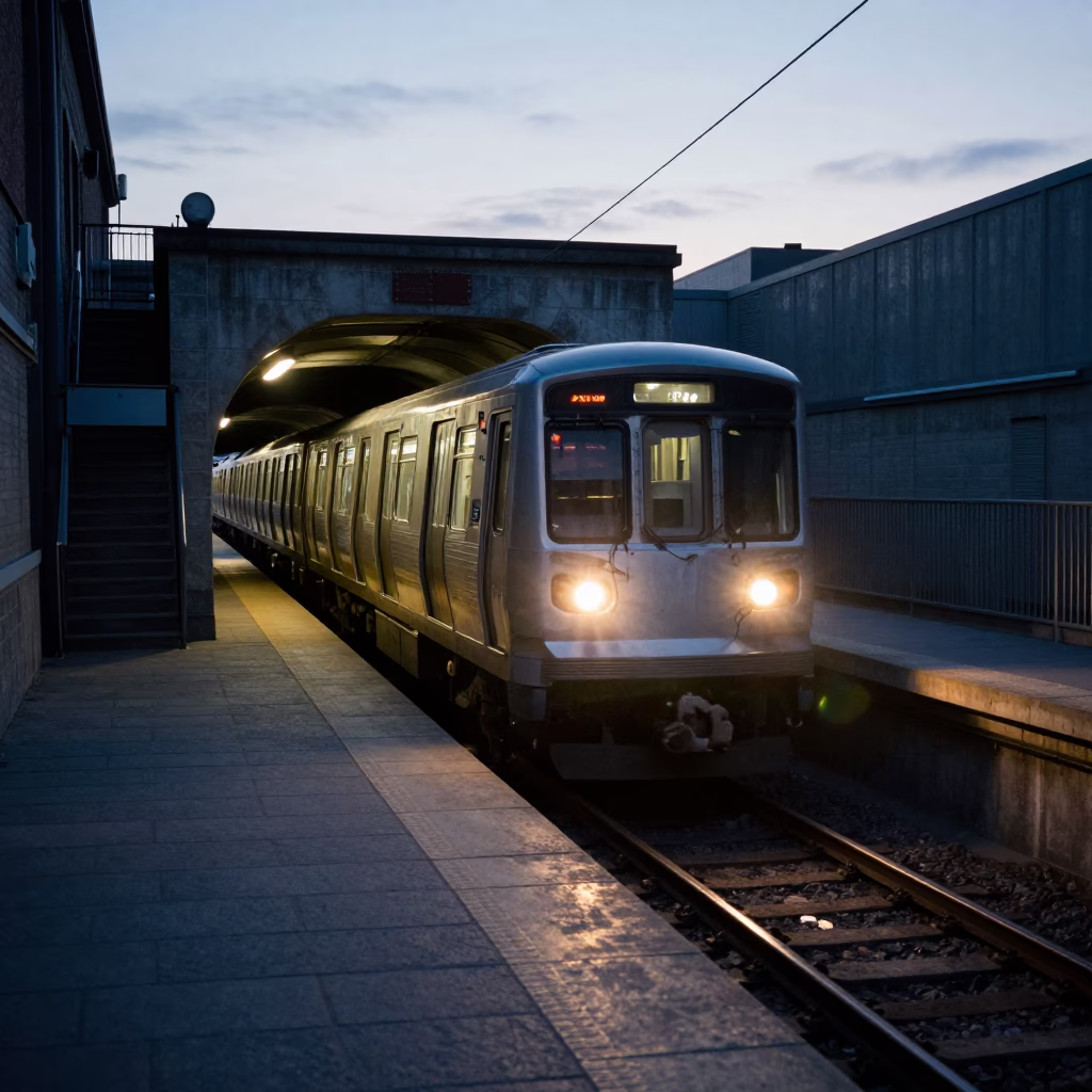 Montreal Metro Train Emerging from Tunnel into Early Evening Light in in Montreal, Quebec, Canada