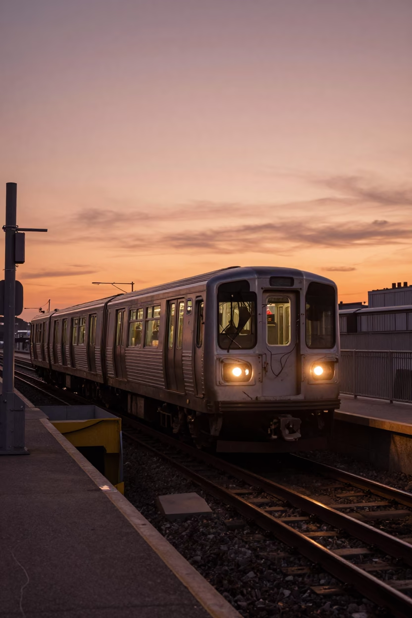 Montreal Metro Train Emerging Into Copper Dusk Light Before Evening Rush in in Montreal, Quebec, Canada