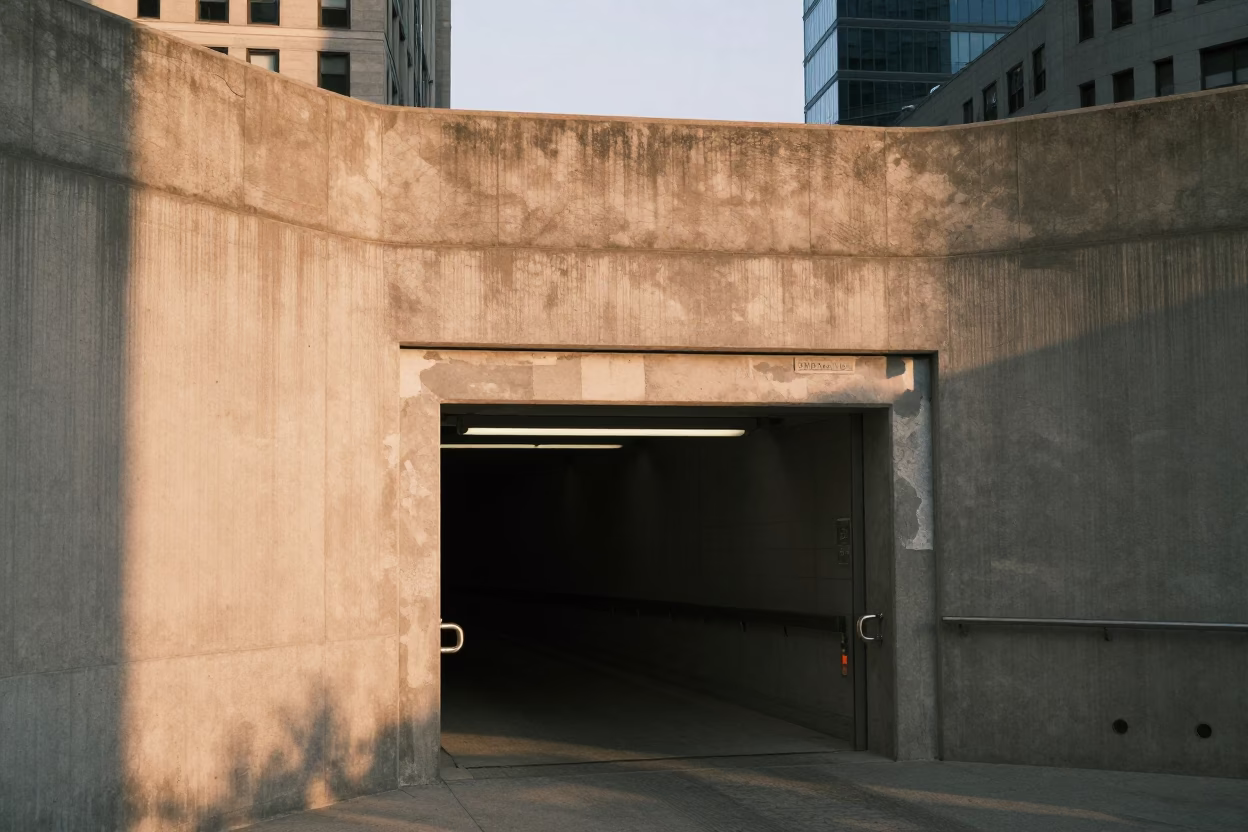 Montreal Metro Tunnel Entrance in Honeyed Evening Light with Fresh Concrete Patch in in Montreal, Quebec, Canada
