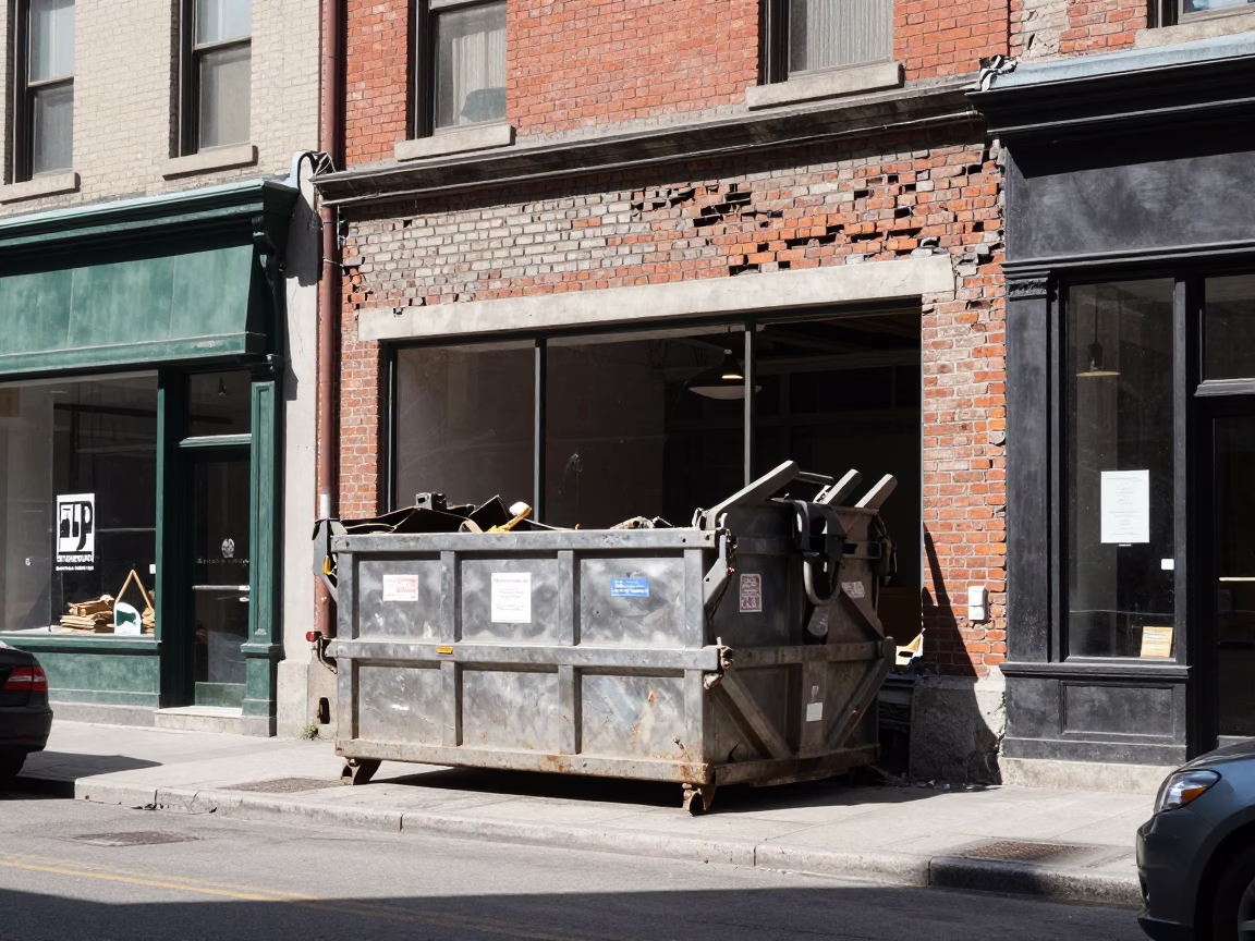Montreal Midday Street Scene with Demolition Dumpster and Urban Decay in in Montreal, Quebec, Canada