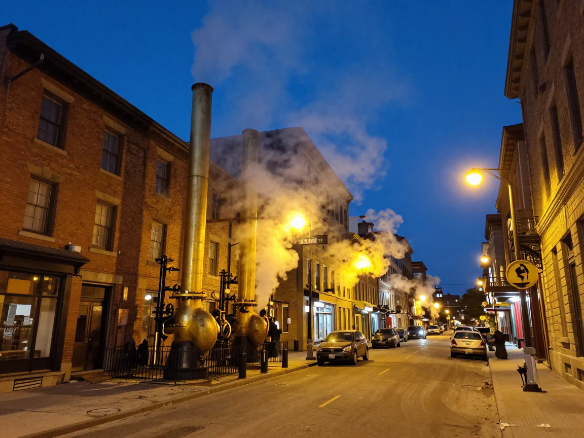 Montreal Midnight Street Scene with Steam Pipes and Yellow Taxis at Night in in Montreal, Quebec, Canada