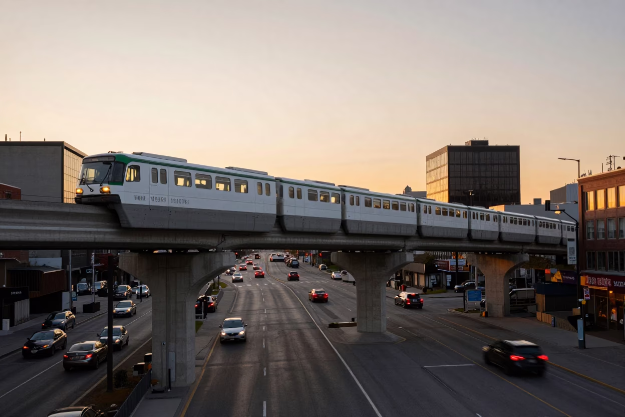 Montreal Monorail at Golden Hour Over Concrete Interchange and Urban Street in in Montreal, Quebec, Canada