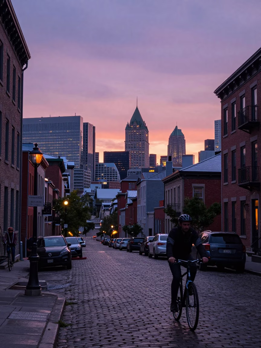 Montreal Nautical Dawn Street Scene with Cyclist and Urban Architecture in in Montreal, Quebec, Canada