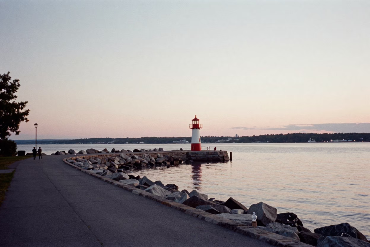 Montreal Nautical Dawn Street Scene with Harbor Beacon and Urban Architecture in in Montreal, Quebec, Canada