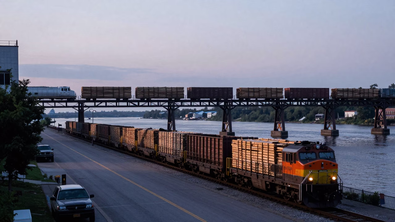 Montreal Nautical Dawn Street Scene with Lumber Freight Train Crossing Trestle Bridge in in Montreal, Quebec, Canada