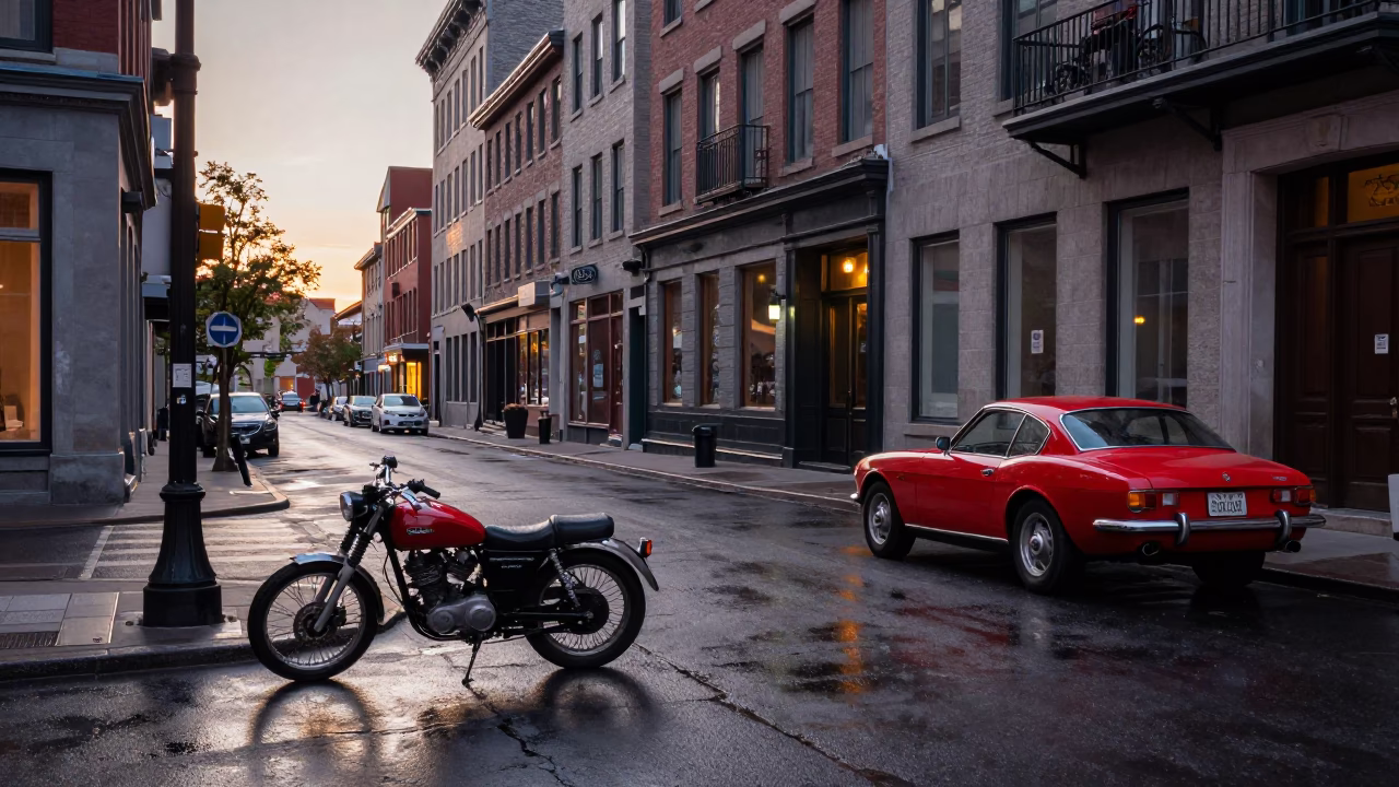 Montreal Nautical Dawn Street Scene with Vintage Motorcycle and Urban Architecture in in Montreal, Quebec, Canada