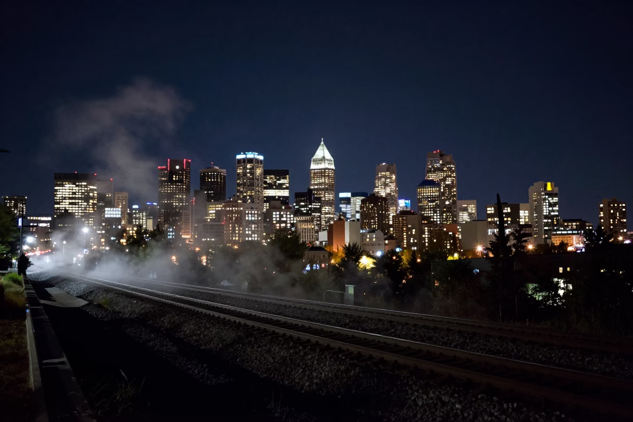 Montreal Night Skyline Under Deep Darkness with Steam Haze Above Rail Tracks in in Montreal, Quebec, Canada