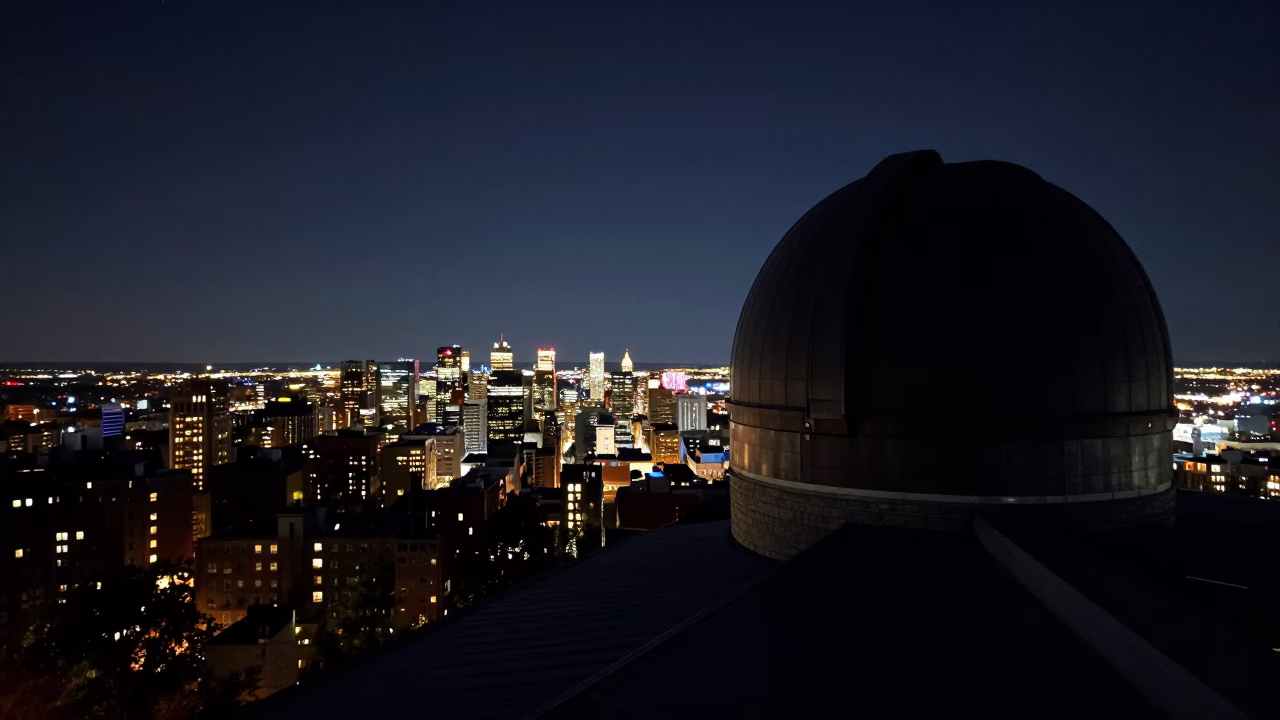 Montreal Night Skyline View from Mount Royal Observatory Dome Silhouette at Deep Night in in Montreal, Quebec, Canada