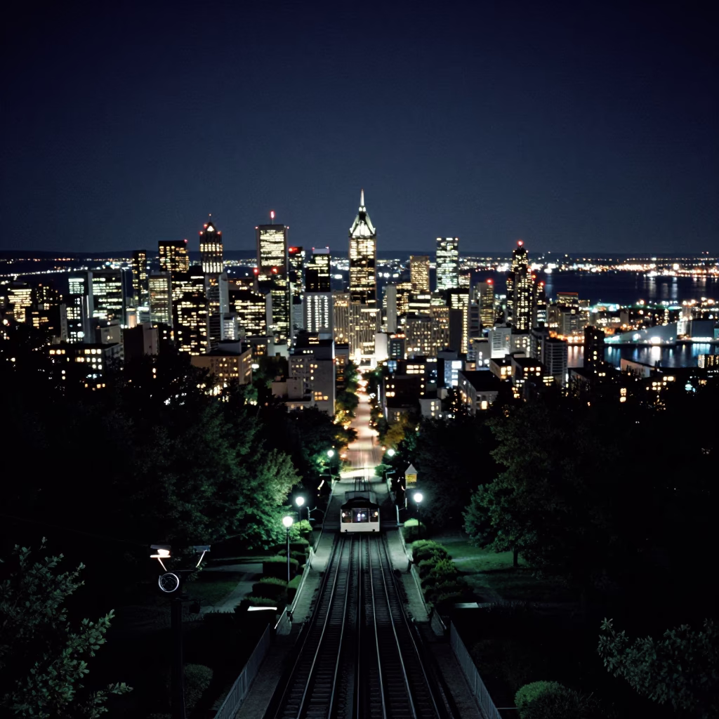 Montreal Night Skyline with Funicular Railway and Urban Light Reflections in in Montreal, Quebec, Canada