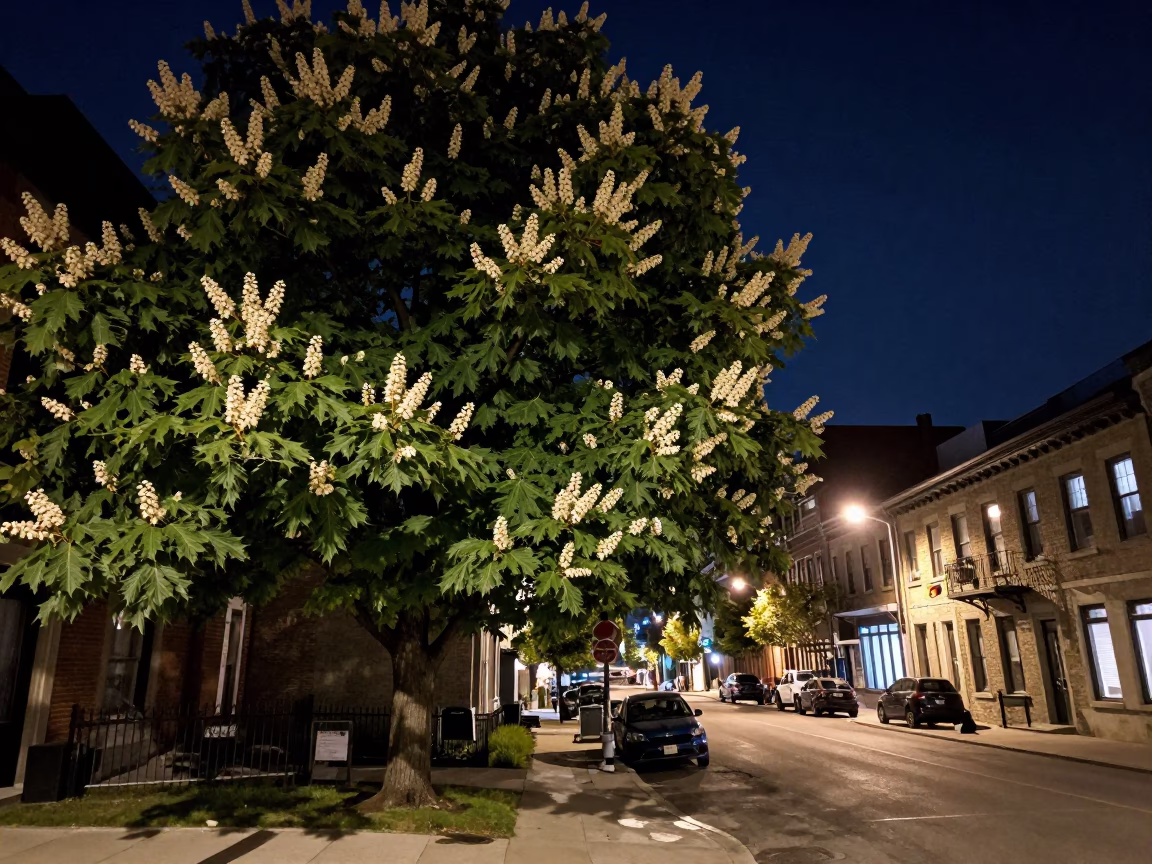 Montreal Night Street Scene with Chestnut Tree and Urban Details in in Montreal, Quebec, Canada