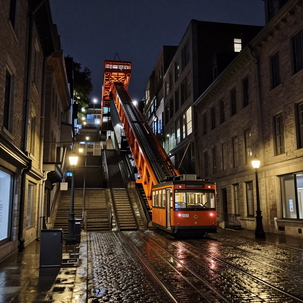 Montreal Night Street Scene with Funicular Railway and Urban Details in in Montreal, Quebec, Canada
