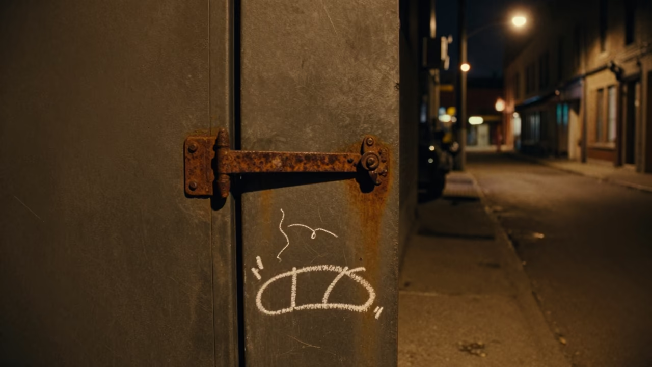 Montreal Night Street Scene with Rusty Latch and Chalk Markings in in Montreal, Quebec, Canada