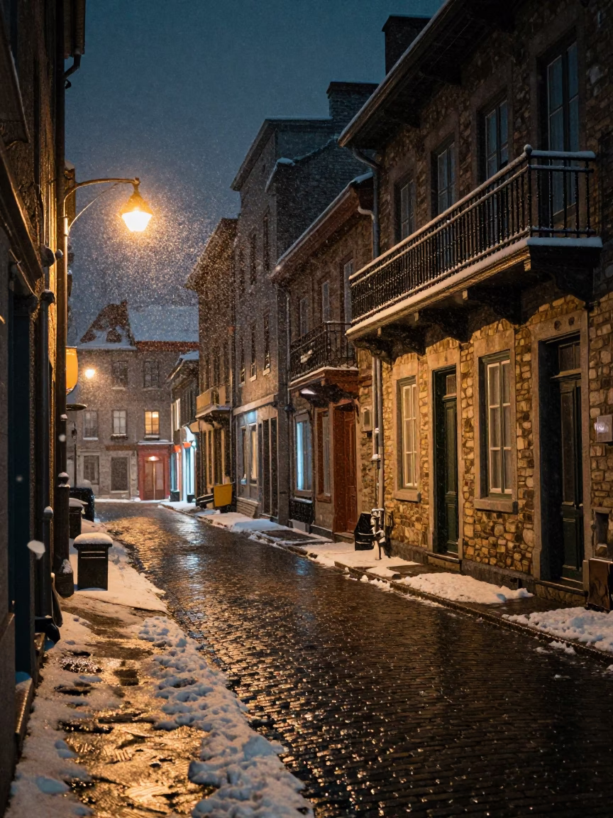 Montreal Night Street Scene with Snow and Streetlights in in Montreal, Quebec, Canada