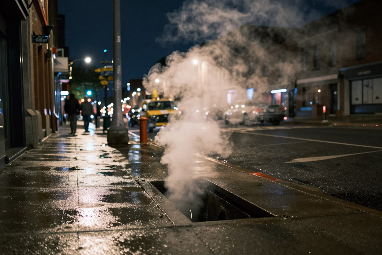 Montreal Night Street Scene with Steaming District Heating Pipes and Rain Puddles in in Montreal, Quebec, Canada