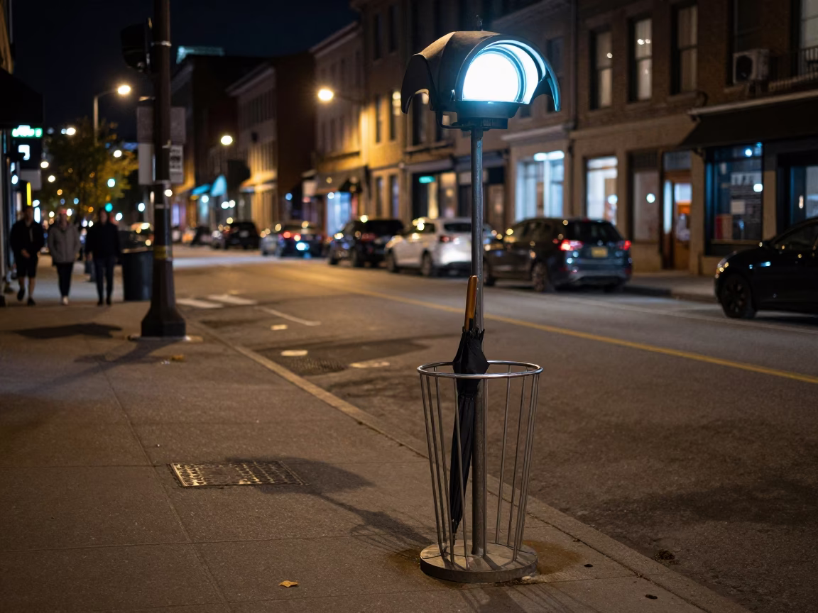 Montreal Night Street Scene with Umbrella Stand and Urban Architecture in in Montreal, Quebec, Canada