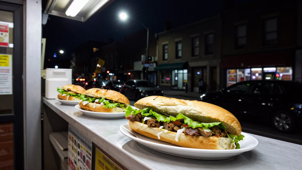 Montreal Night Street Scene with Vietnamese Banh Mi and Urban Architecture in in Montreal, Quebec, Canada
