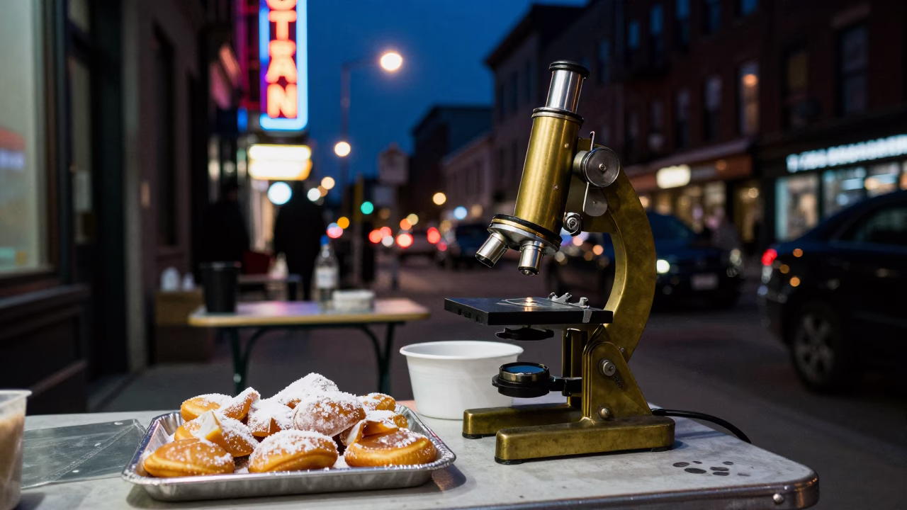 Montreal Night Street Scene with Vintage Brass Microscope and Neon Reflections in in Montreal, Quebec, Canada
