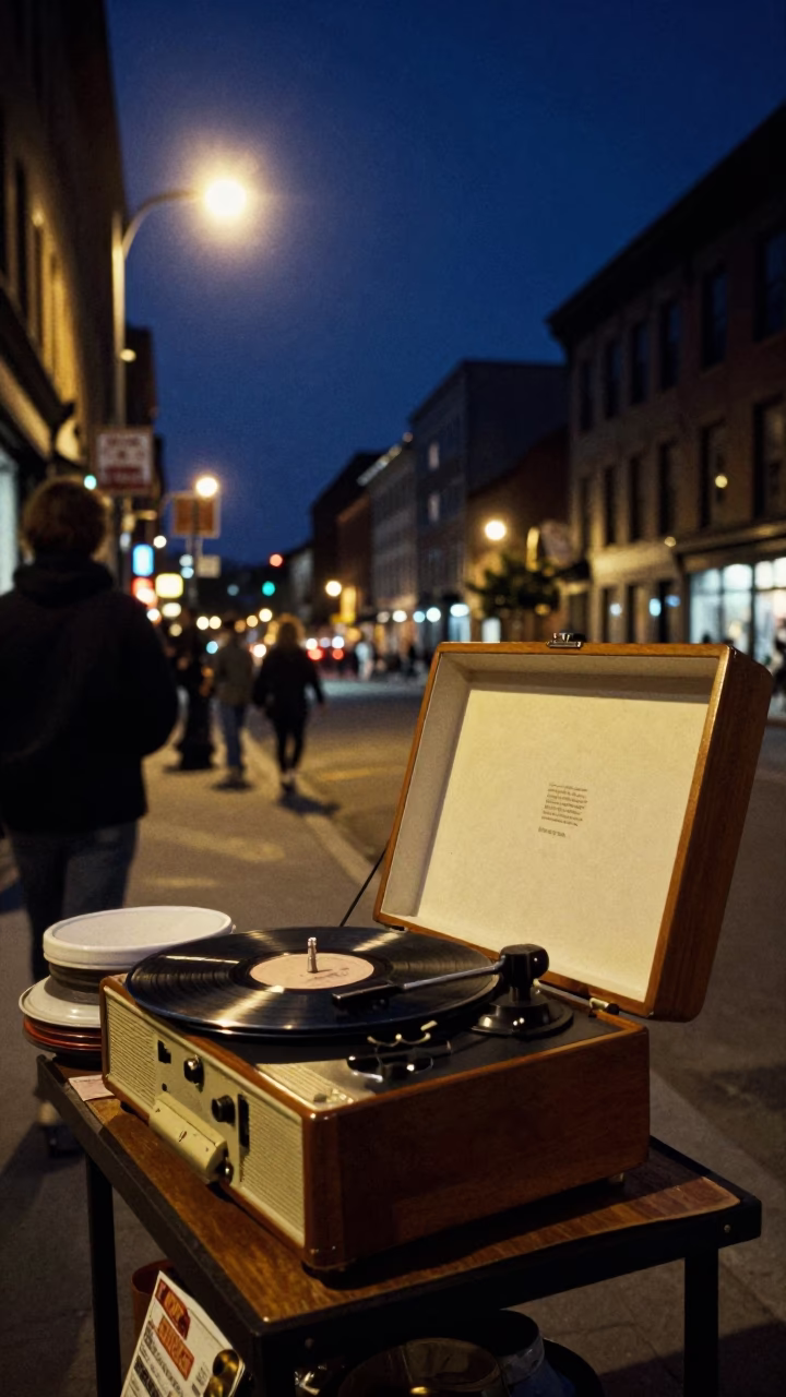 Montreal Night Street Scene with Vintage Record Player and Warm Light in in Montreal, Quebec, Canada