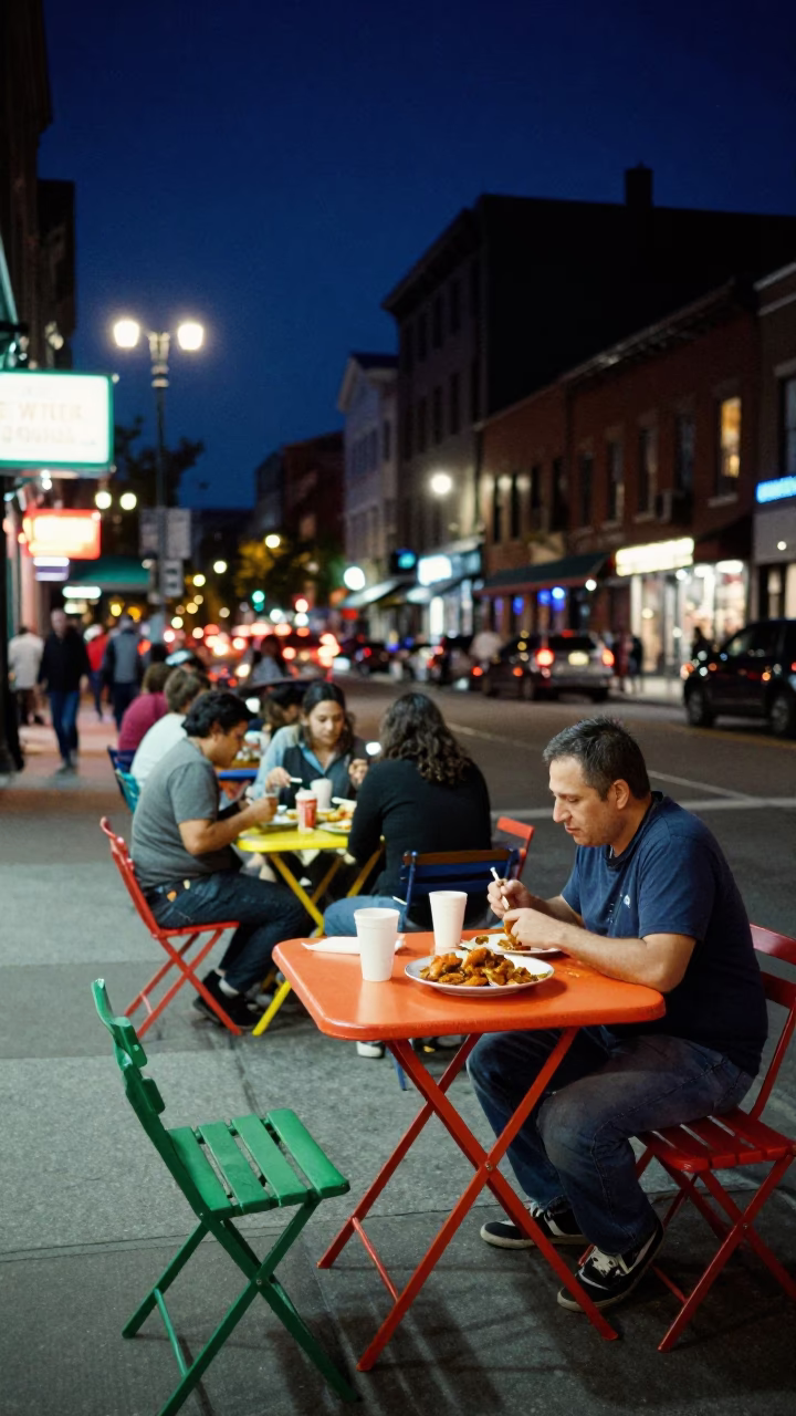 Montreal Nightlife Scene with Colorful Folding Tables and Curried Spices in in Montreal, Quebec, Canada