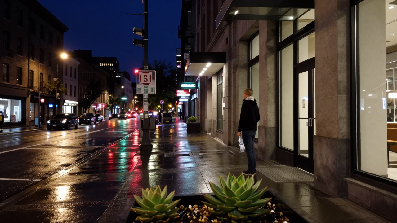 Montreal Nightlife Street Scene with Water Bottle and Succulents Under Deep Night Sky in in Montreal, Quebec, Canada