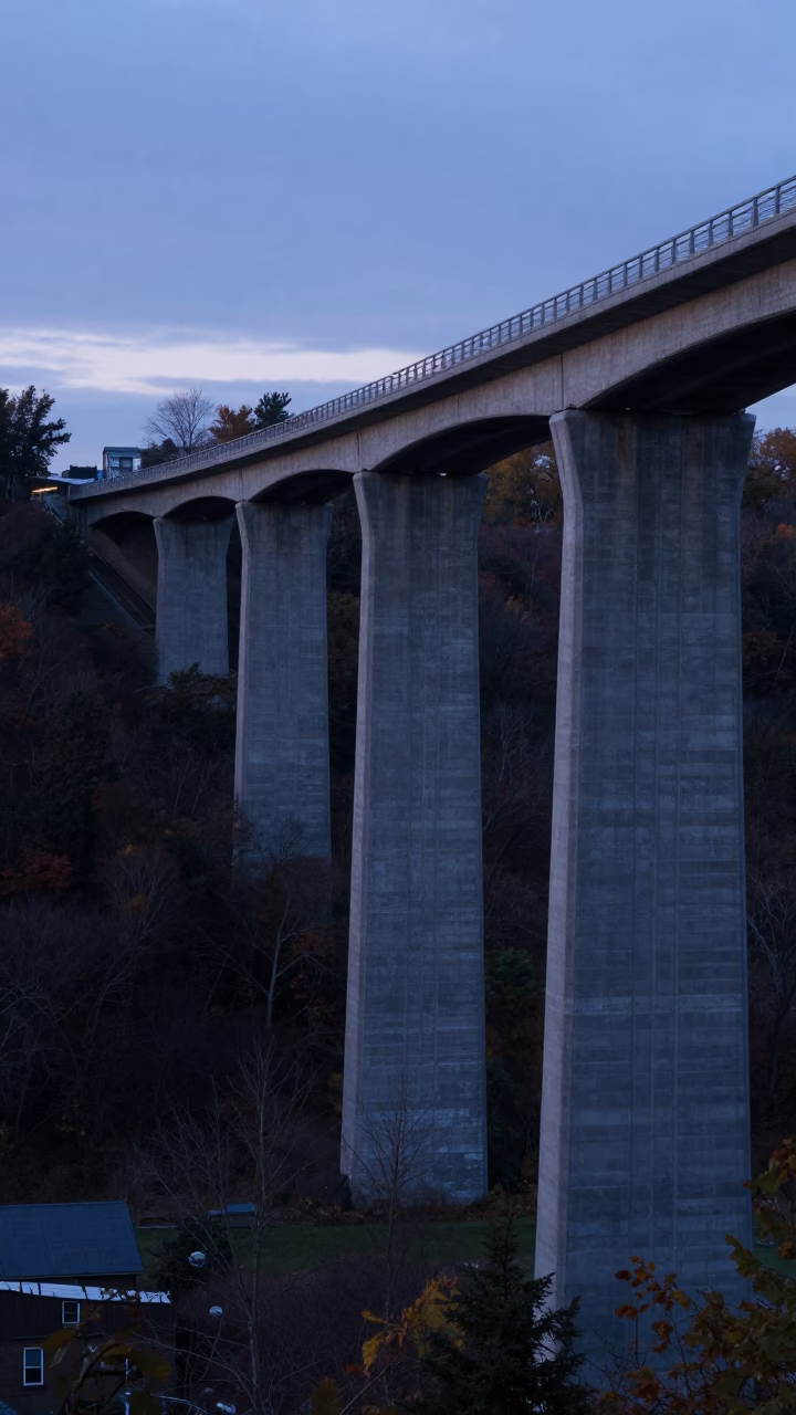Montreal Old Port concrete viaduct curving across valley floor before sunrise in in Montreal, Quebec, Canada