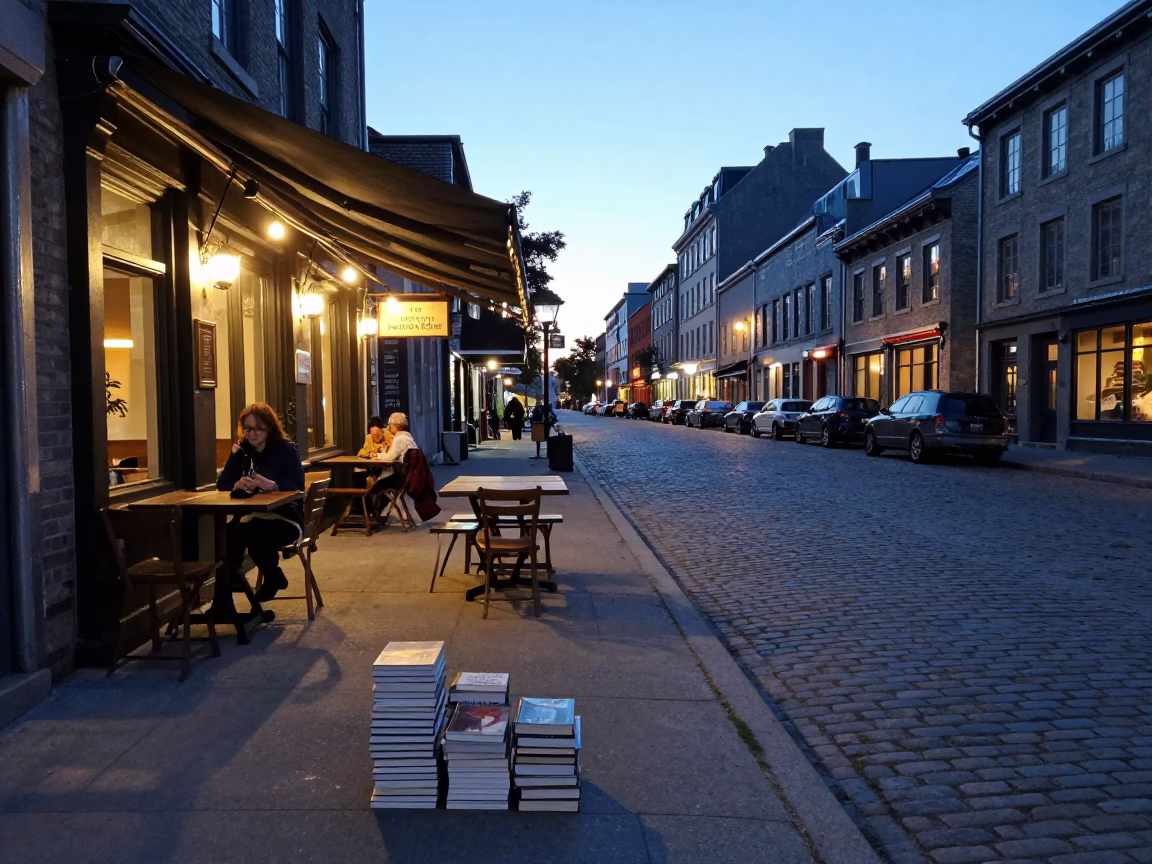 Montreal Old Port Evening Street Scene with Local Dining and Urban Architecture in in Montreal, Quebec, Canada