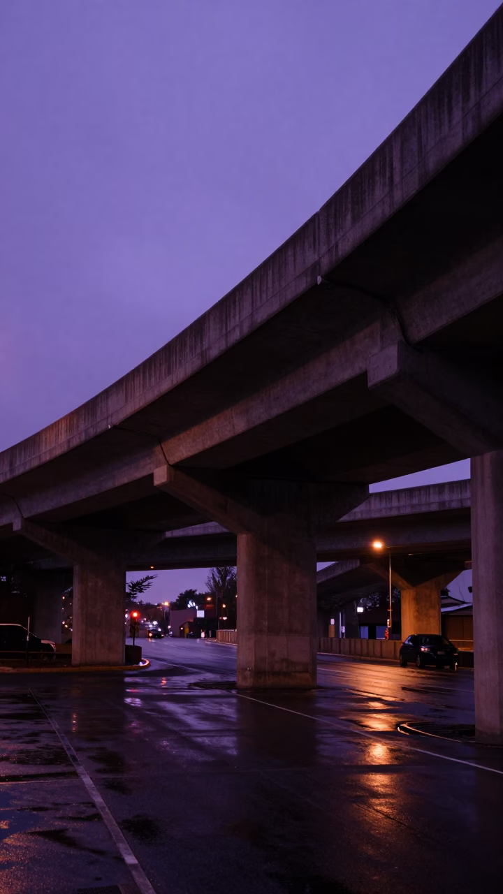 Montreal Overpass Ramp Slice Against Violet Predawn Sky with Urban Infrastructure Details in in Montreal, Quebec, Canada