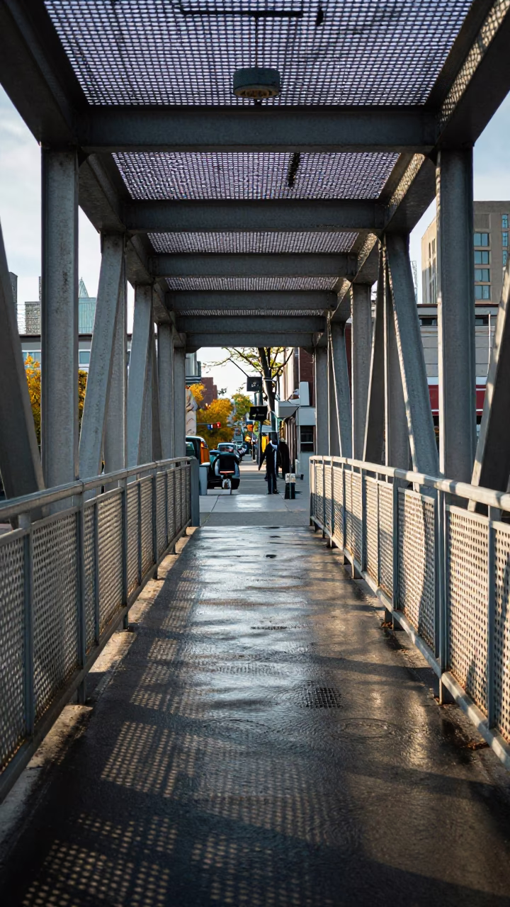 Montreal Pedestrian Overpass Wet Footsteps Perforated Metal Early Afternoon Street Photography in in Montreal, Quebec, Canada