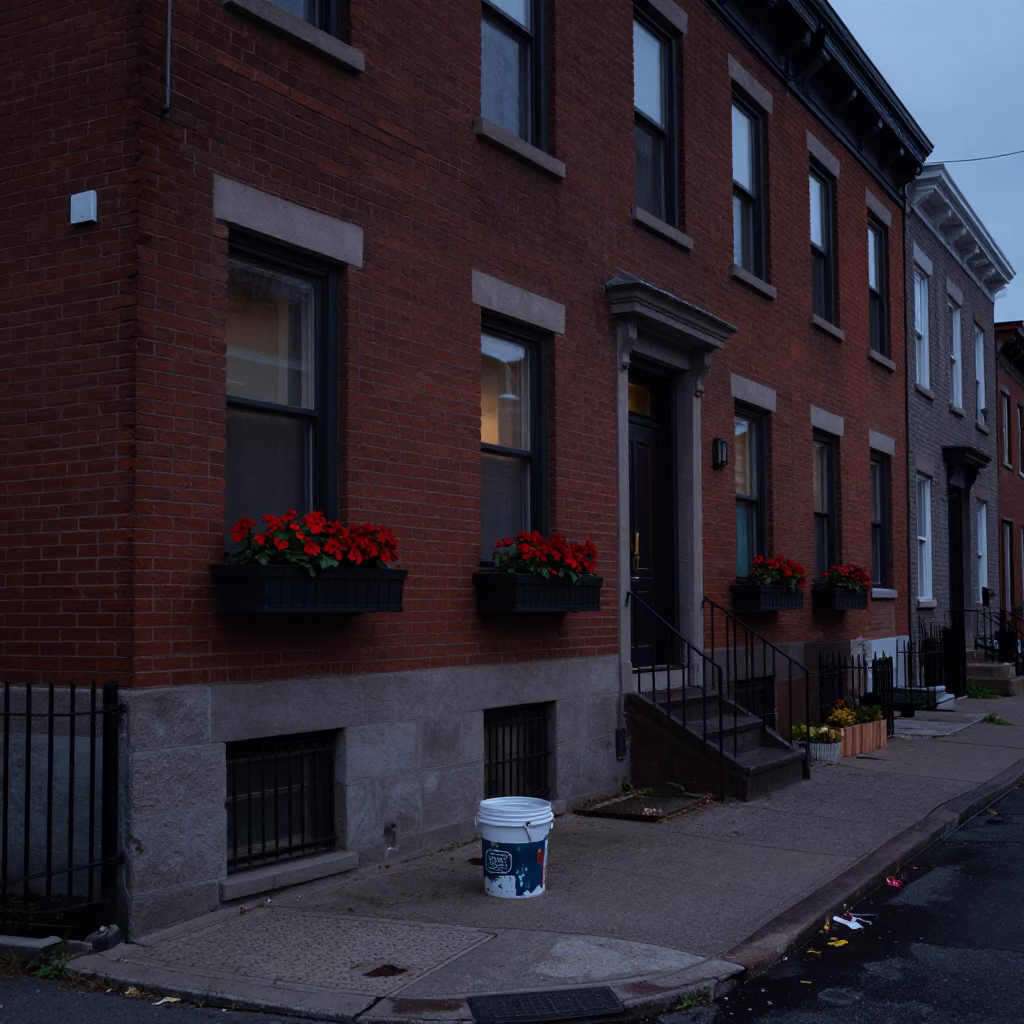 Montreal Predawn Street Scene with Window Boxes and Red Observatory Lights in in Montreal, Quebec, Canada