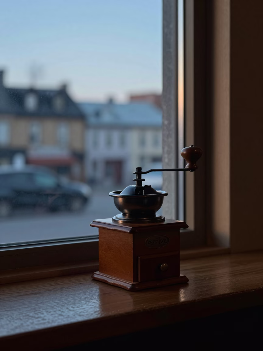 Montreal Quebec Cafe Interior Before Sunrise Vintage Coffee Grinder and Morning Routine in in Montreal, Quebec, Canada
