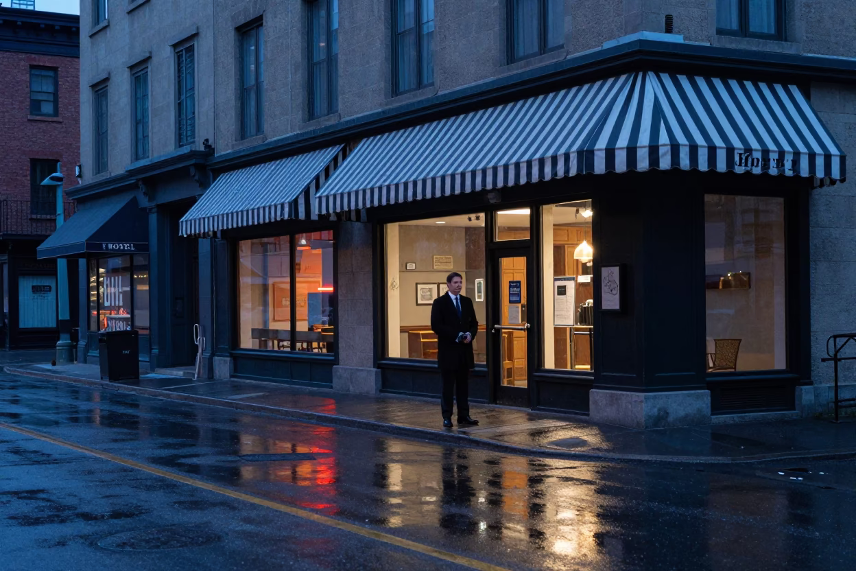 Montreal Quebec Canada Dawn Street Scene with Reflections and Urban Architecture in in Montreal, Quebec, Canada