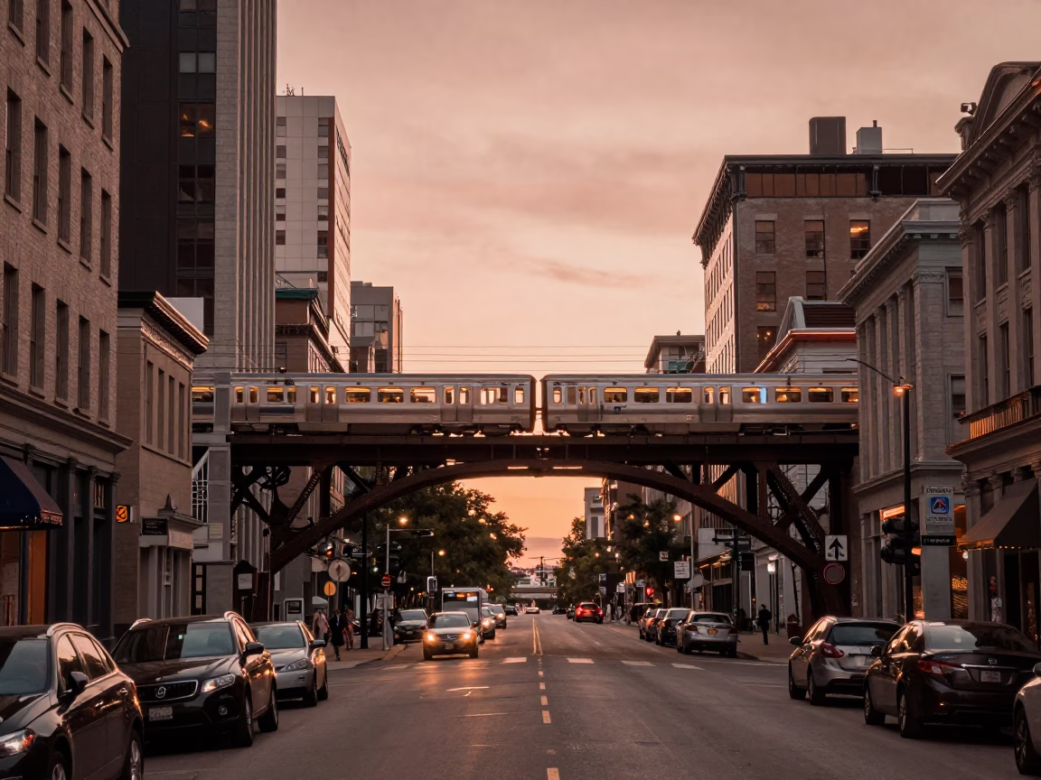Montreal Quebec Canada Dusk Street Scene with Commuter Train Bridge Crossing in in Montreal, Quebec, Canada