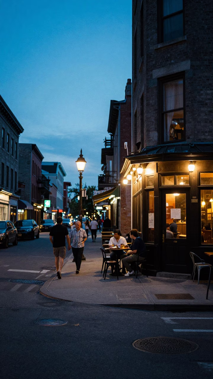 Montreal Quebec Canada evening street scene with local residents and vintage details in in Montreal, Quebec, Canada