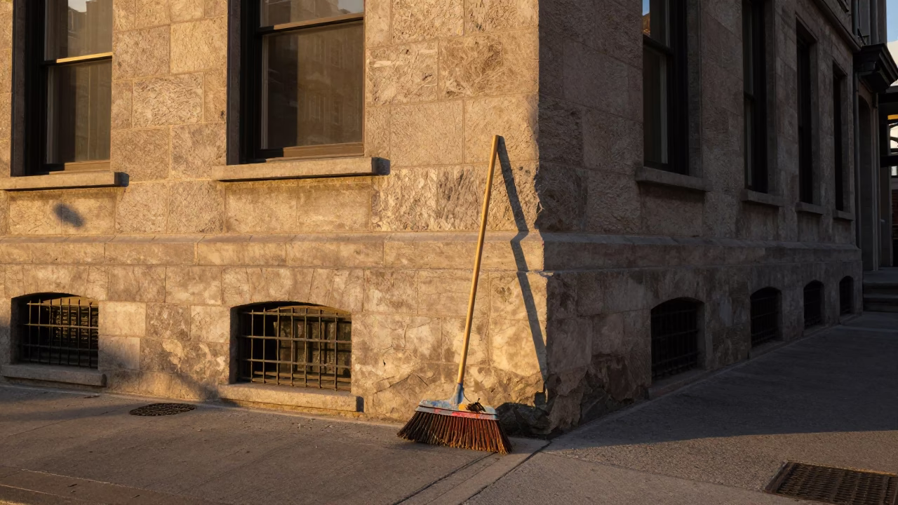 Montreal Quebec Canada Honeyed Evening Light Street Scene with Hand Broom and Soap Residue in in Montreal, Quebec, Canada