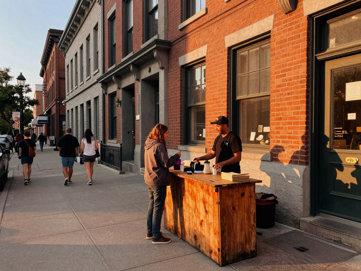 Montreal Quebec Canada Honeyed Evening Light Street Scene with Vintage Details in in Montreal, Quebec, Canada
