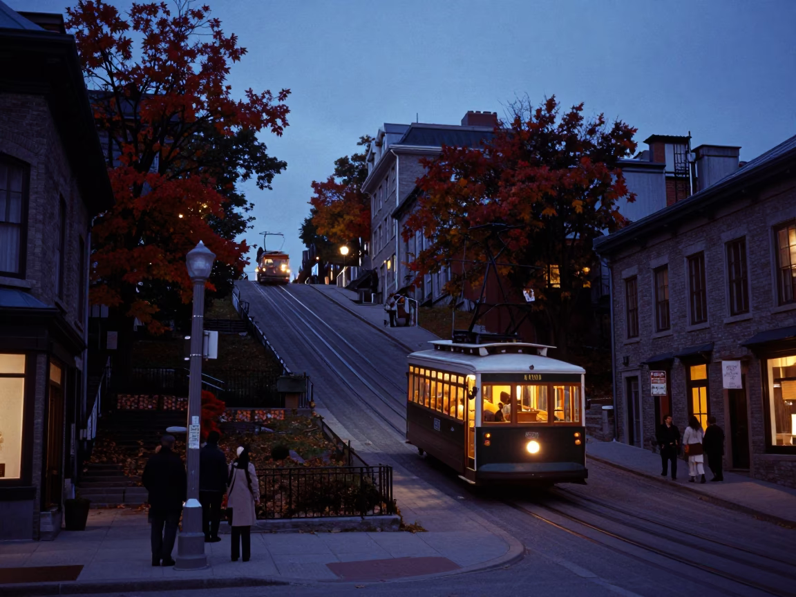 Montreal Quebec Canada Indigo Twilight Street Scene with Funicular and Autumn Vines in in Montreal, Quebec, Canada