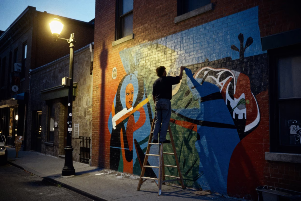 Montreal Quebec Canada Predawn Street Scene with Artist Painting Mural in 1960s in in Montreal, Quebec, Canada
