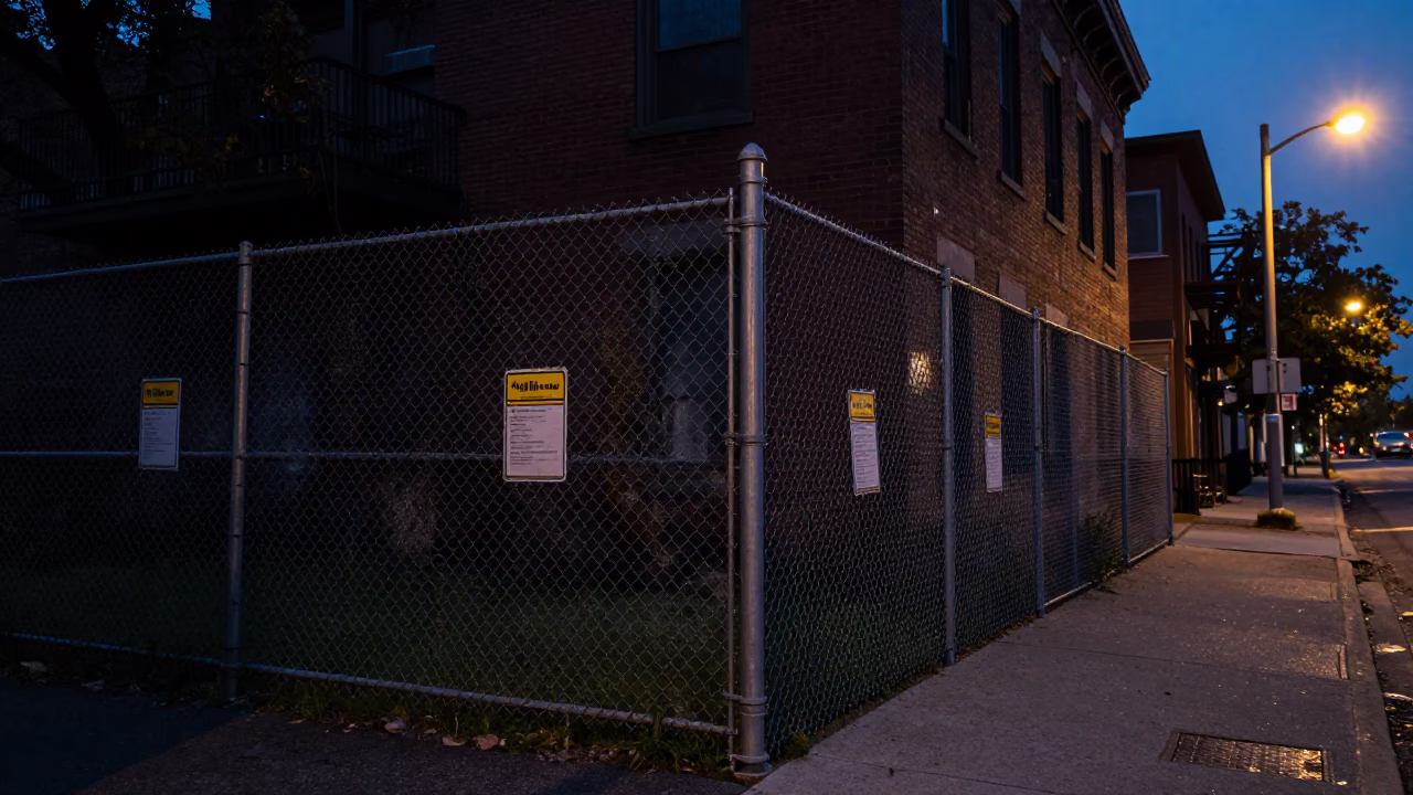 Montreal Quebec Canada Predawn Street Scene With Substation Fence And Dew Beside Warning Placards in in Montreal, Quebec, Canada