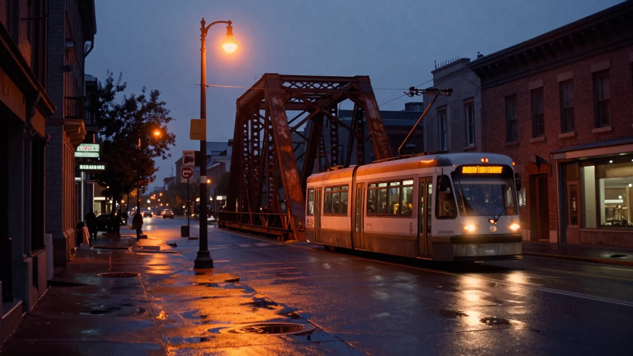 Montreal Quebec Canada Predawn Street Scene with Tramcar and Rusted Drawbridge in in Montreal, Quebec, Canada