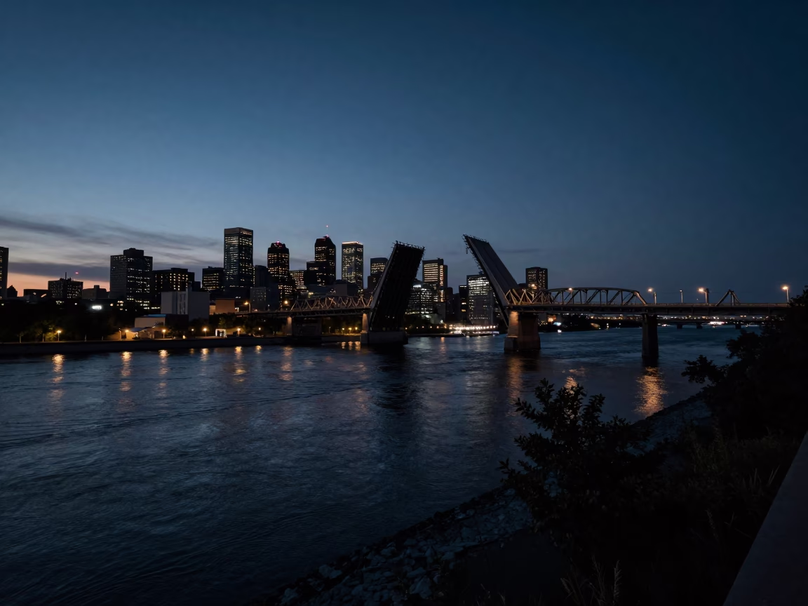Montreal Quebec Canada Predawn Urban Landscape with Industrial Riverfront and Bridge Infrastructure in in Montreal, Quebec, Canada