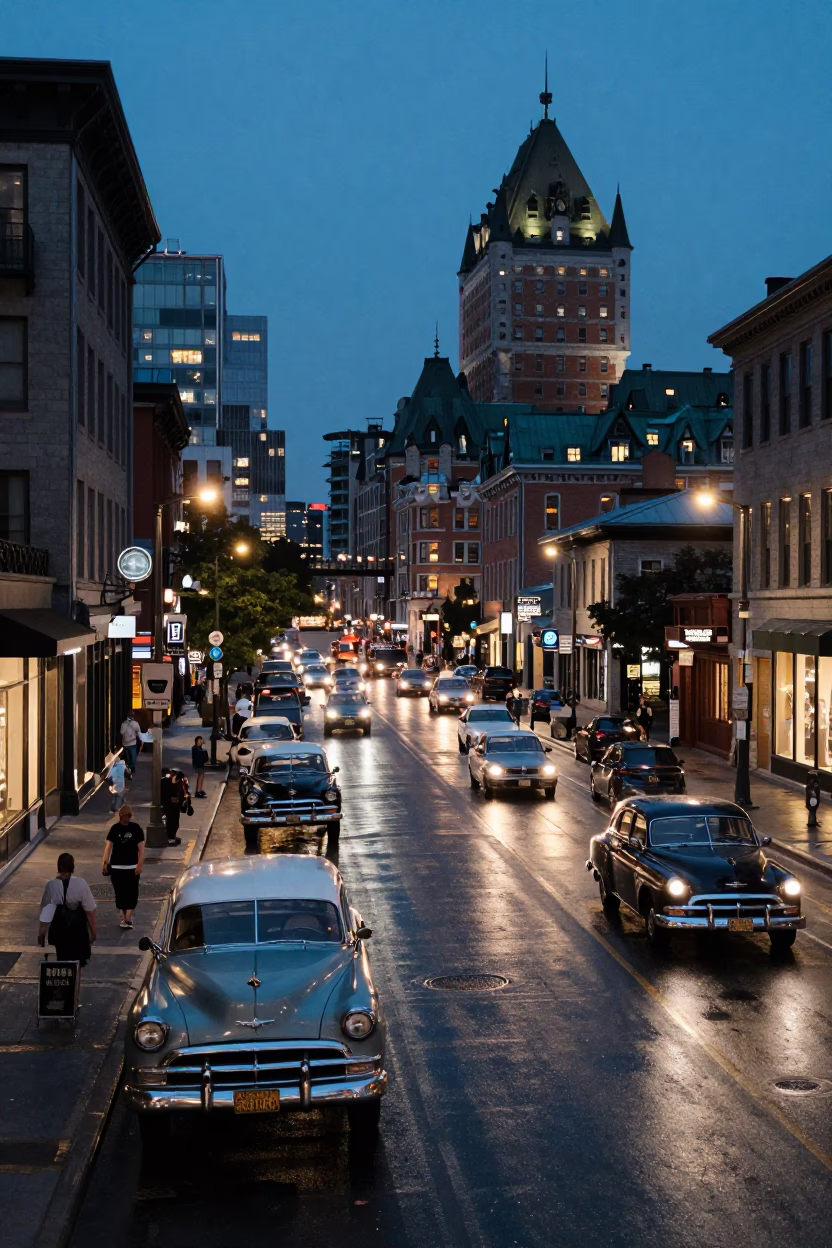 Montreal Quebec Canada Street Scene at Dusk with Vintage Cars and City Lights in in Montreal, Quebec, Canada