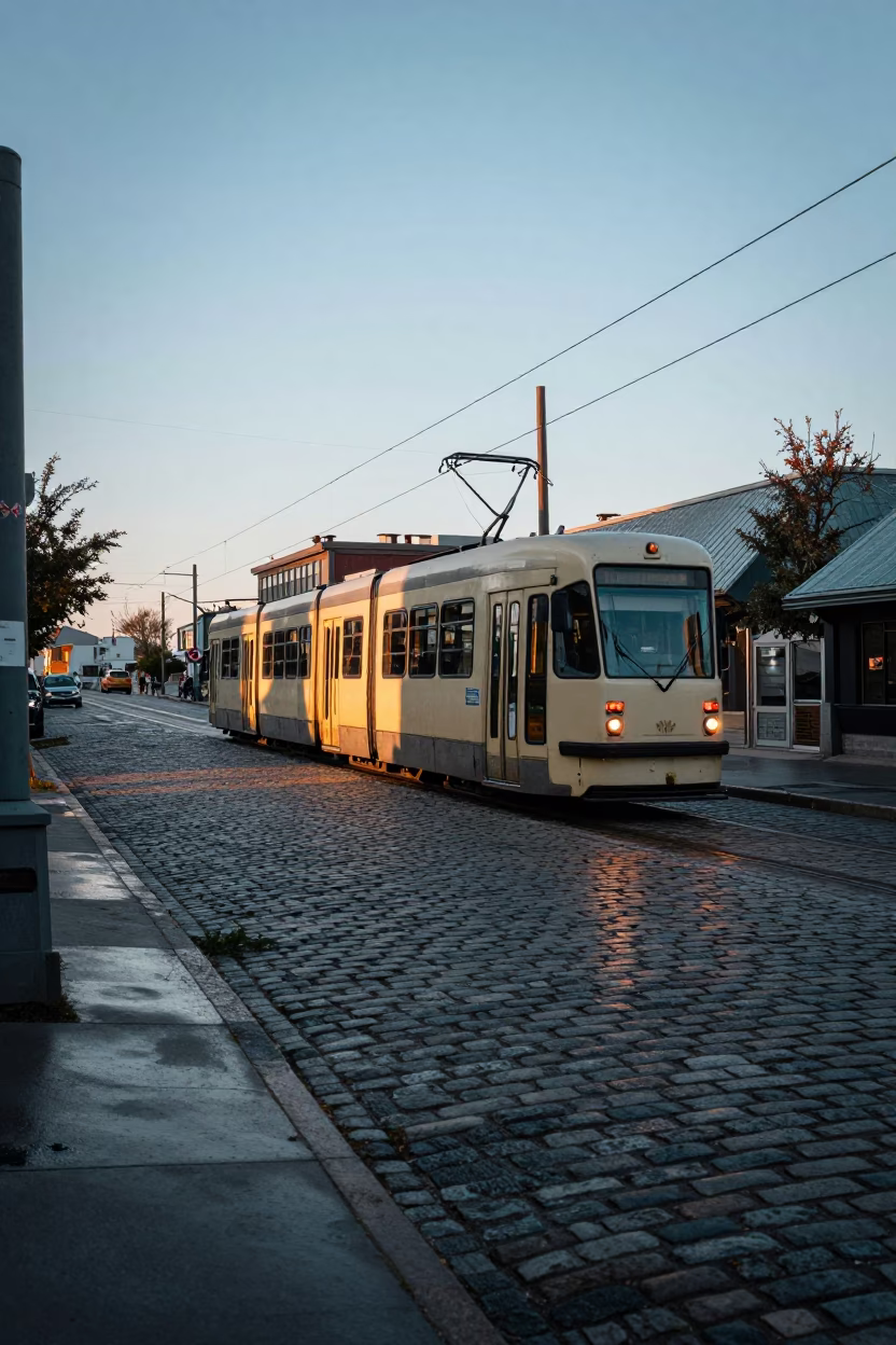 Montreal Quebec Canada Tram on Steep Hill Before Sunrise Realistic 1990s Photograph in in Montreal, Quebec, Canada